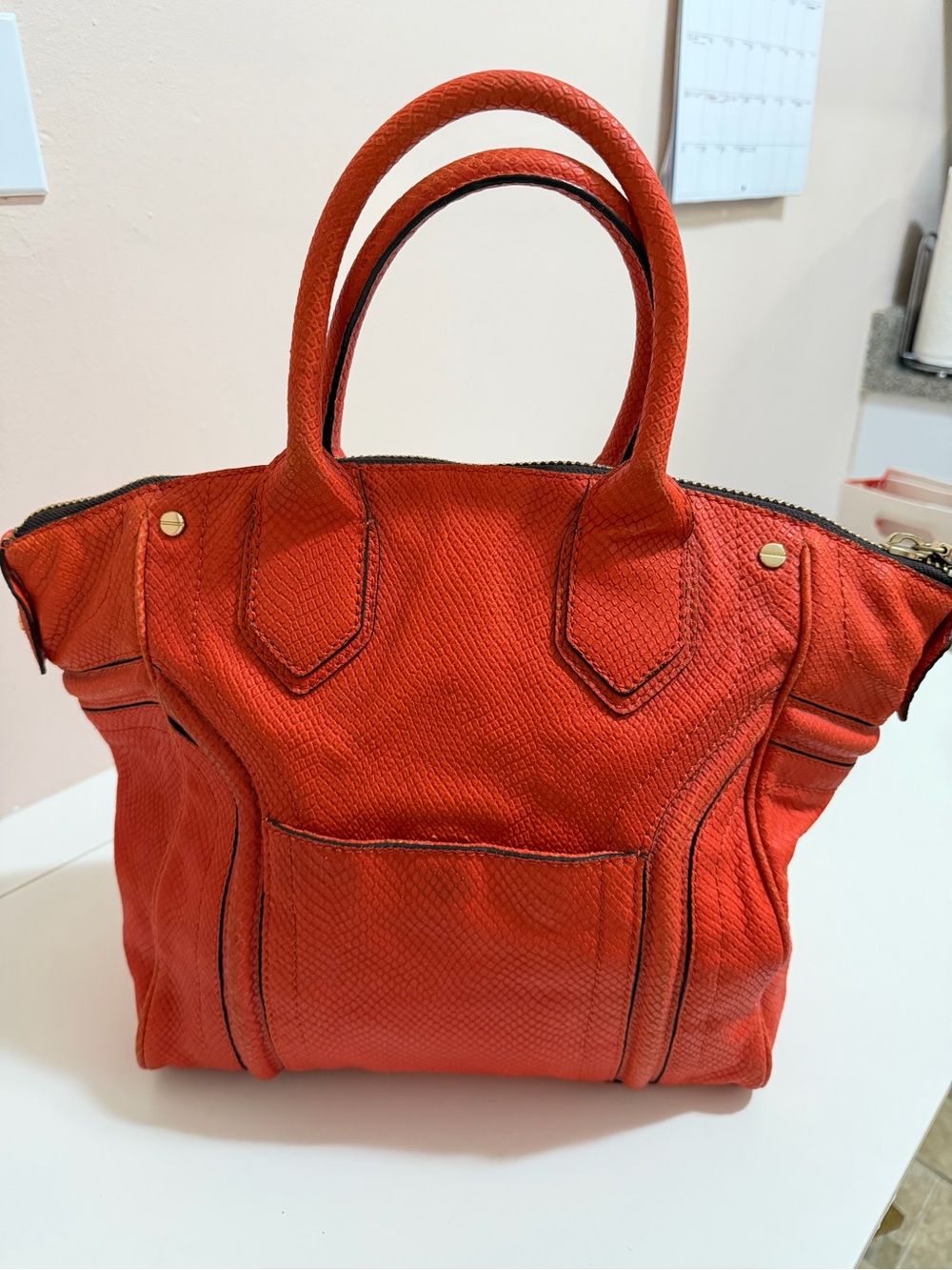 Milly Red Textured Satchel with Top Handles
